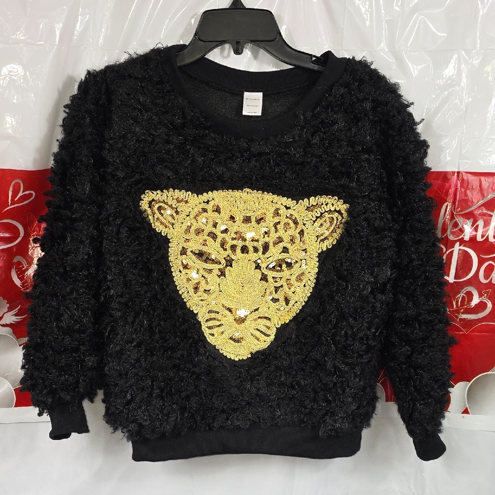 Anna-kaci Black Fuzzy Sweater with Gold Leopard Design Womens Size Small (W384)